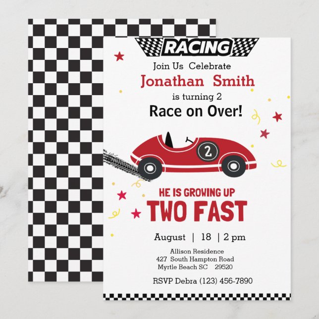 Red Race Car 2. Geburtstag Party Einladung (Vorne/Hinten)