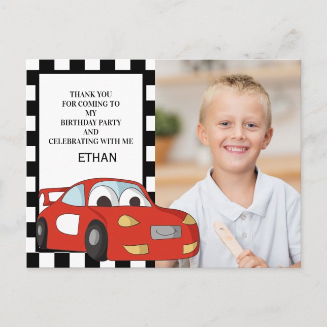 Red Race Car Black White Birthday Foto Thank You Postkarte (Vorderseite)
