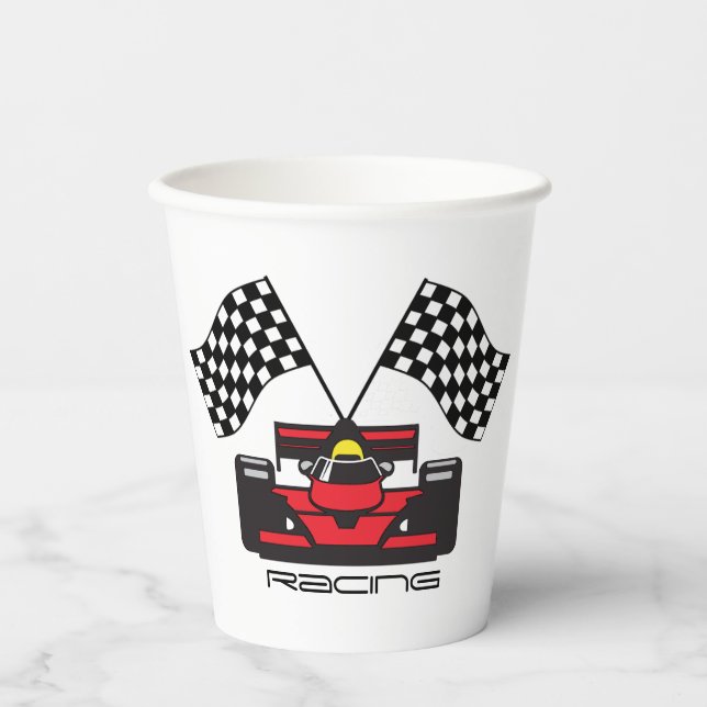 Red Race Car Checked Flag Design Paper Cup Pappbecher (Vorderseite)