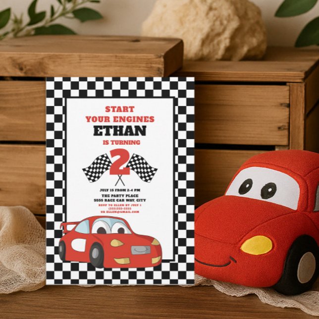Red Race Car Child's 2. Geburtstag Einladung (Red race car little boy's 2nd birthday party invitation)