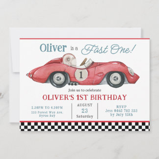 Red Race Car Fast 1 1. Geburtstagsparty Einladung