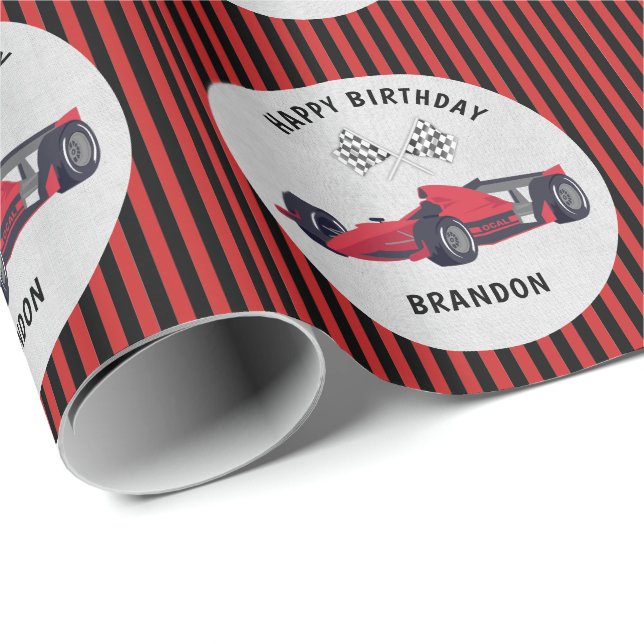 Red Race Car gestreift Geburtstag Personalisierte  Geschenkpapier (Rolleneckpunkt)