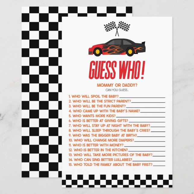 Red Race Car Guess Who Baby Showspiel (Vorne/Hinten)