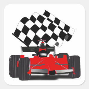 Red Race Car mit Checkbox Quadratischer Aufkleber