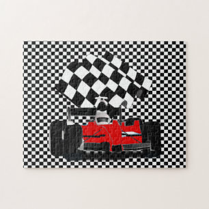 Red Race Car mit Checkered Flag Jigsaw Puzzle