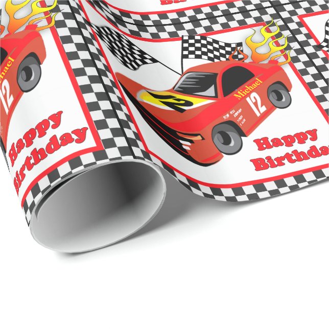 Red Race Car Personalisiert Geburtstagsgeschenk Geschenkpapier (Rolleneckpunkt)