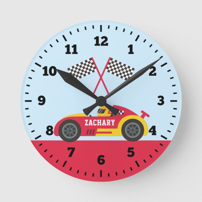 Red Race Car Racer Boys Bed Wall Decke Runde Wanduhr (Vorderseite)