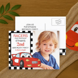 Red Race Car Schwarz-weiß Checkered 2. Geburtstag Postkarte