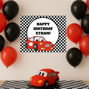 Red Race Car Schwarz-weiß Checkered Birthday Party Poster