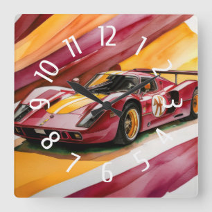 Red Race Car Watercolor Gelb Quadratische Wanduhr