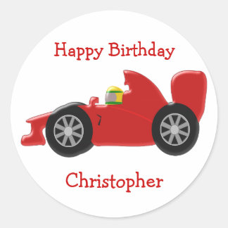 Red Racing Car Birthday Runder Aufkleber