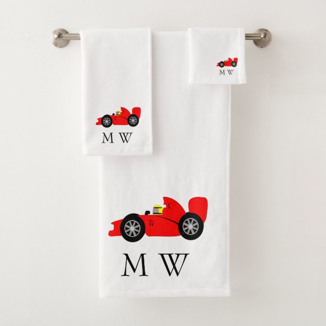Red Racing Car Design Monogrammed Badhandtuch Set (Insitu)