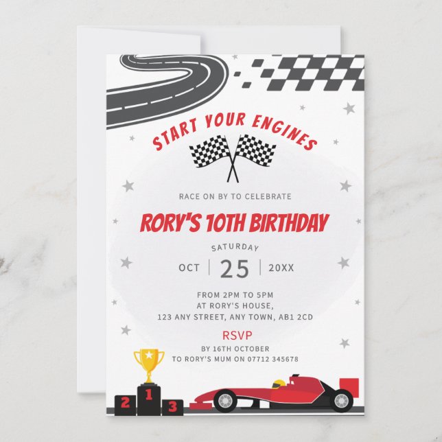 Red Racing Car Geburtstagsparty Einladung (Vorderseite)