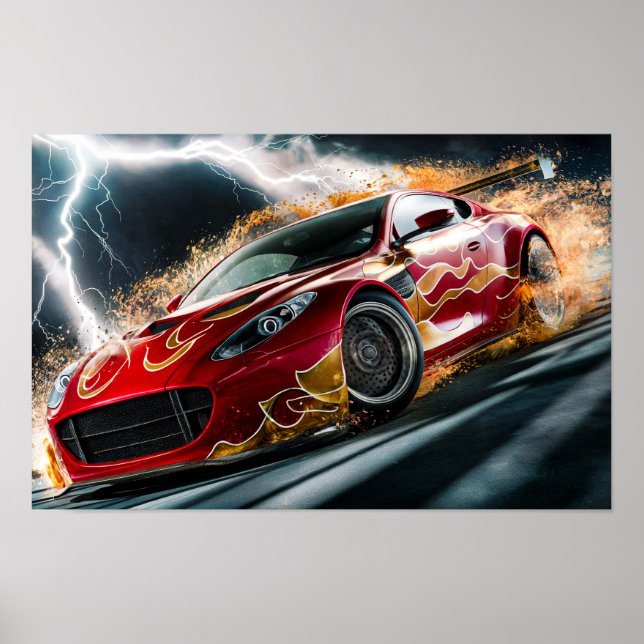 Red Racing Car mit flammendem Muster Drifting Hard Poster (Vorne)