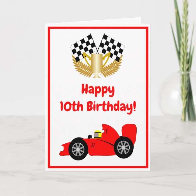 Red Racing Car Personalisiert 10. Geburtstag Karte (Vorderseite)