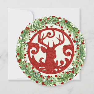 Red Reindeer Round Christmas Flat Card Feiertagskarte