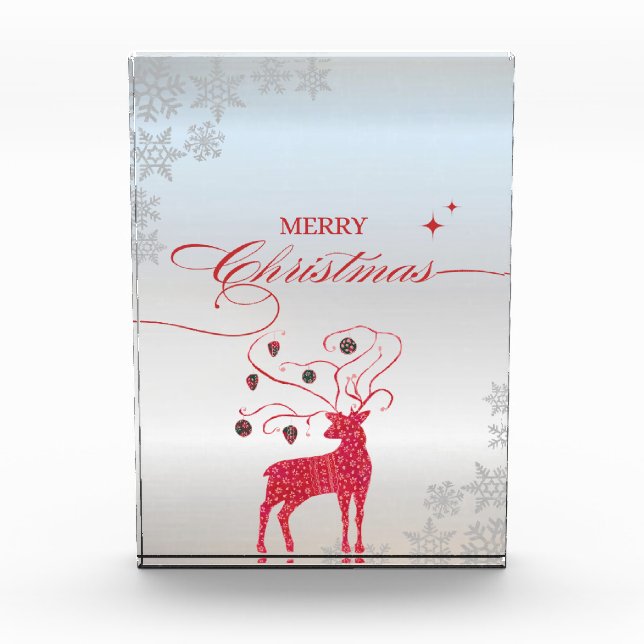 Red Reindeer Silver Snowflakes Weihnachten Fotoblock (Vorderseite)