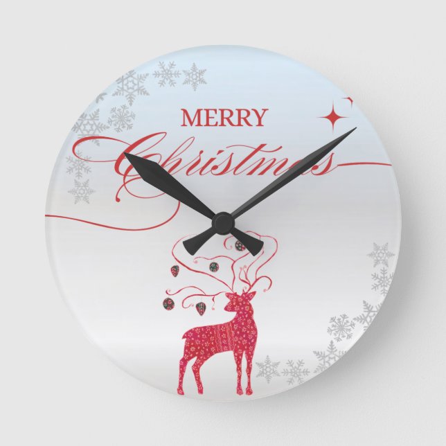 Red Reindeer Silver Snowflakes Weihnachten Runde Wanduhr (Vorderseite)