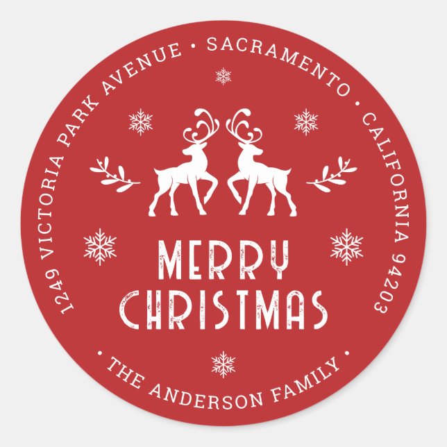 Red Reindeer Snowflake Christmas Return Address Runder Aufkleber (Vorderseite)