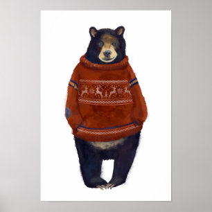 Red Reindeer Sweater Bear Poster