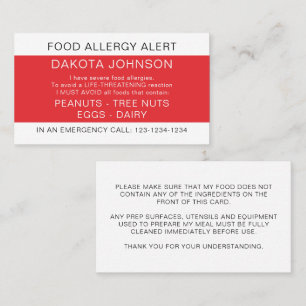 Red Restaurant Food Allergy Alert Card Telefonnummerkarte
