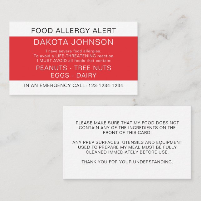 Red Restaurant Food Allergy Alert Card Telefonnummerkarte (Vorne/Hinten)