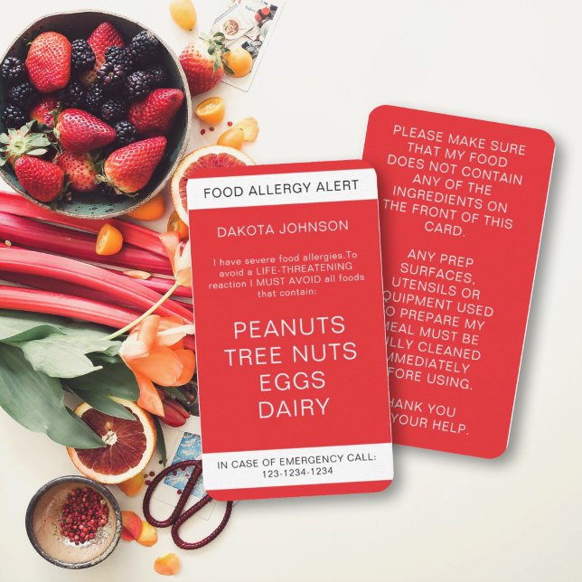 Red Restaurant Food Allergy Alert Kid's Telefonnummerkarte (Von Creator hochgeladen)