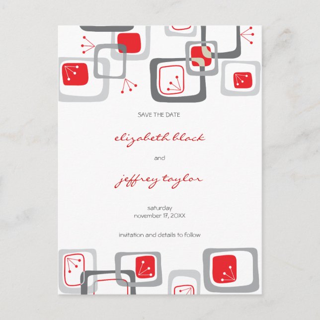 Red Retro Cherares Squares Mod Art Save the Date Ankündigungspostkarte (Vorderseite)