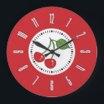Red Retro Cherry Große Wanduhr<br><div class="desc">This retro style clock has red cherries and a red border.</div>