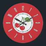 Red Retro Cherry Große Wanduhr<br><div class="desc">This retro style clock has red cherries and a red border.</div>