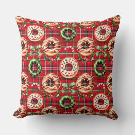Red Retro Christmas Donuts Red Tartan Kariert Kissen