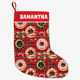 Red Retro Christmas Donuts Red Tartan Kariert Kleiner Weihnachtsstrumpf