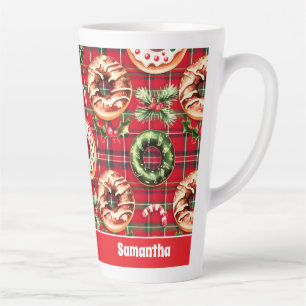 Red Retro Christmas Donuts Red Tartan Kariert Milchtasse