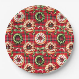 Red Retro Christmas Donuts Red Tartan Kariert Pappteller
