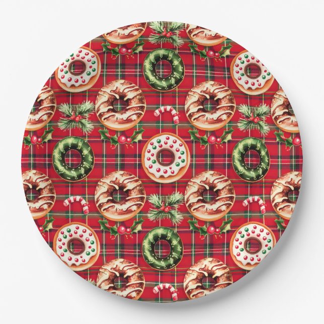 Red Retro Christmas Donuts Red Tartan Kariert Pappteller (Vorderseite)