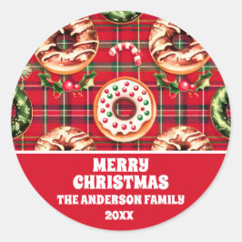 Red Retro Christmas Donuts Red Tartan Kariert Runder Aufkleber