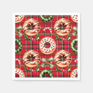 Red Retro Christmas Donuts Red Tartan Kariert Serviette