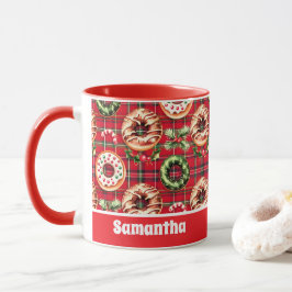 Red Retro Christmas Donuts Red Tartan Kariert Tasse