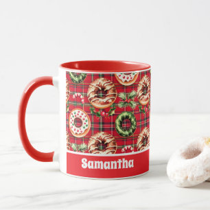 Red Retro Christmas Donuts Red Tartan Kariert Tasse