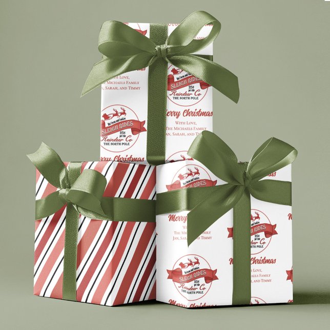 Red Retro Christmas Santa Personalisiert Geschenkpapier Set (Christmas custom gift wrap. with whimsical reindeer sleigh rides. )