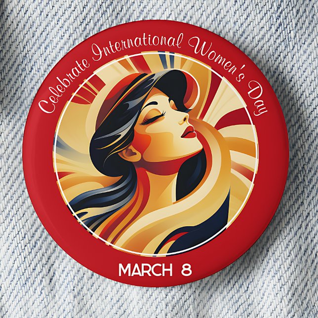 Red Retro feiert Internationalen Frauentag Button (Red Retro Celebrate International Women's Day March 8 pinback button.)