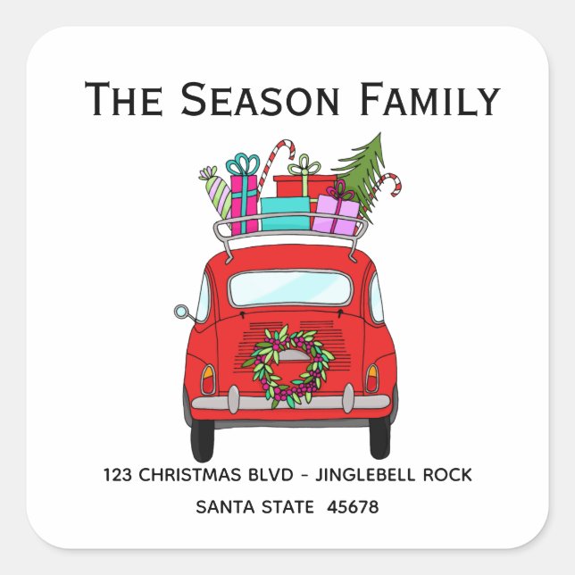 Red Retro Fiat 500 mit Weihnachtsgeschenken Quadratischer Aufkleber (Vorderseite)