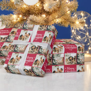 Red Retro Frohe Weihnachtsfamilie 3 Foto Collage Geschenkpapier