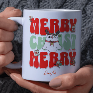 Red Retro Groovy Merry Christmas Kawaii Name Tasse