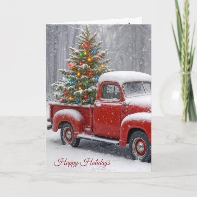 Red Retro LKW mit Weihnachtsbaum Karte (Vorderseite)
