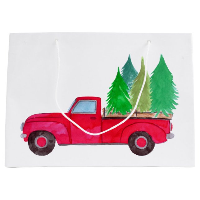 Red retro Pickup Truck with trees Große Geschenktüte (Vorderseite)