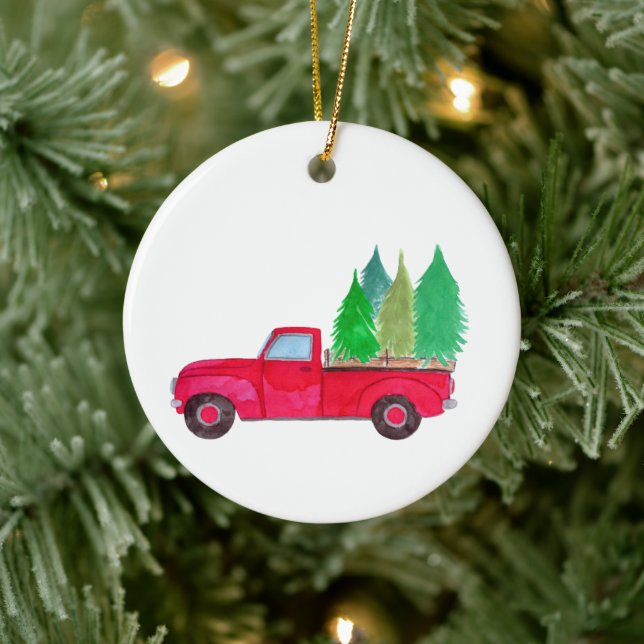 Red retro Pickup Truck with trees Keramik Ornament (Baum)