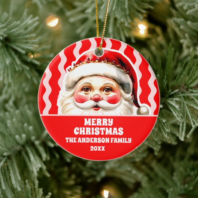 Red Retro Santa Claus Red Ric Rac Weihnachten Keramik Ornament (Baum)