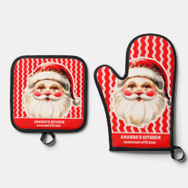 Red Retro Santa Claus Red Ric Rac Weihnachten Ofenhandschuh & Topflappen-Set