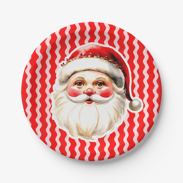 Red Retro Santa Claus Red Ric Rac Weihnachten Pappteller (Vorderseite)